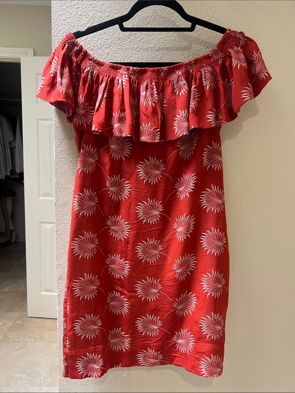 Madewell Red Off-Shoulder Ruffle Mini Dress with White Floral Print